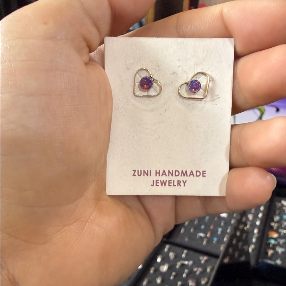Silver Heart Earrings with Purple opal Stone